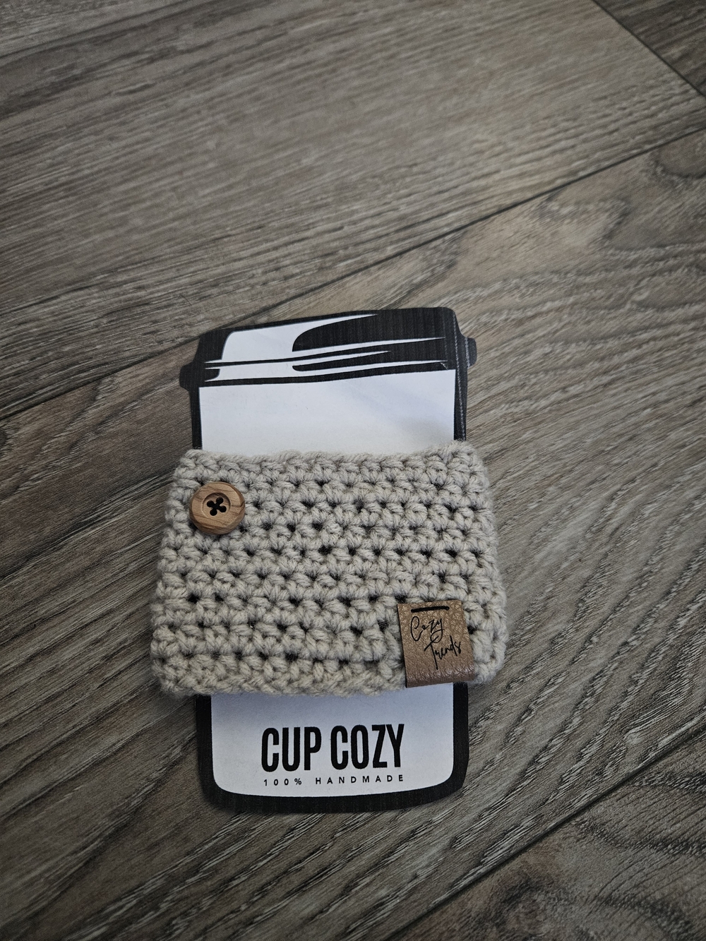 Handmade Beige Crochet Cup Cozy with Button